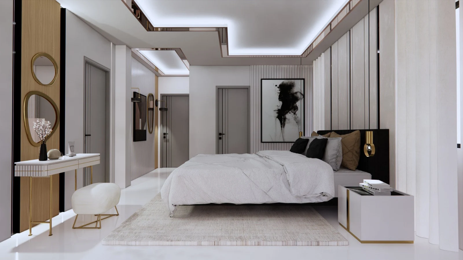 Luxury master bedroom with backlit ceiling and gold accents by Feel The Space